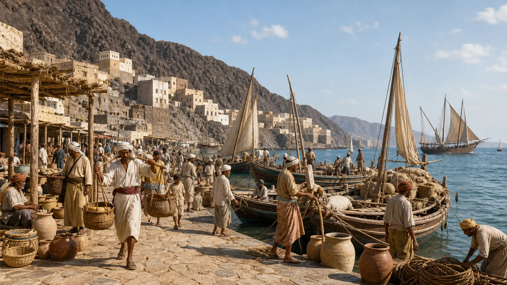 Illustration of Aden's harbor and volcanic hillside neighborhoods during the Rasulid period.