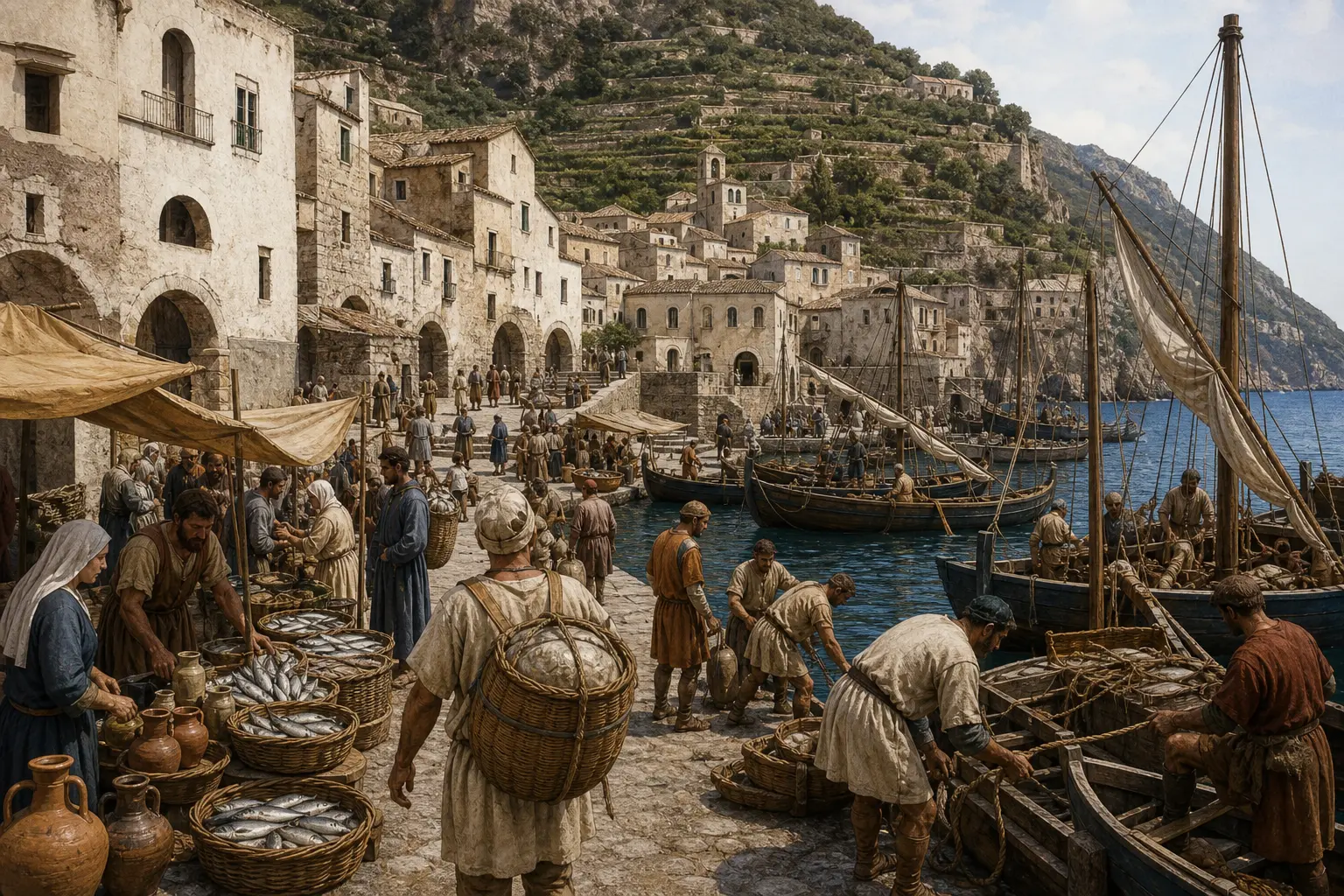 Illustration of Amalfi's harbor and hillside neighborhoods during the 11th century.